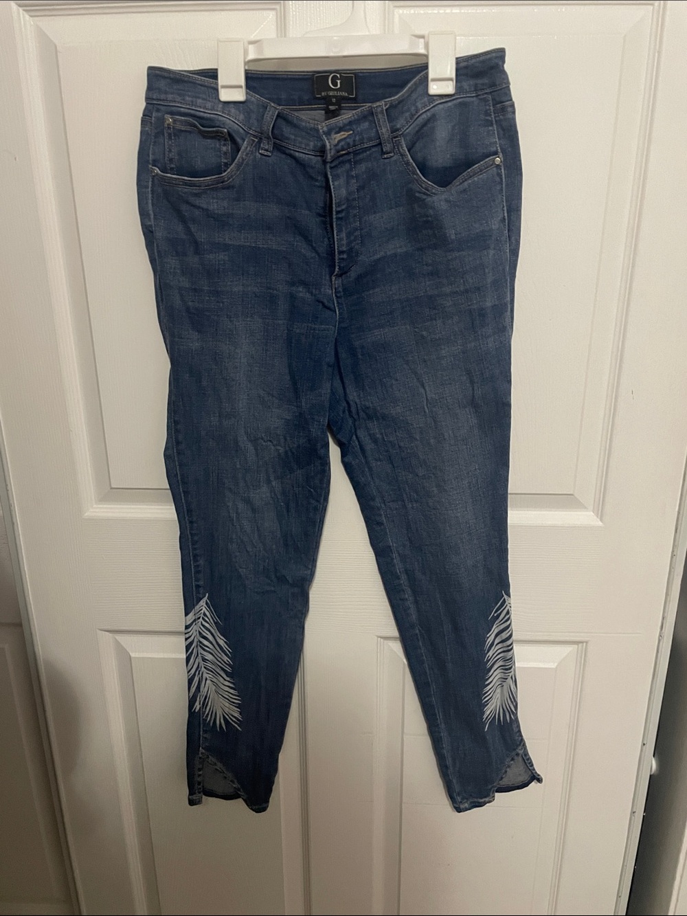 G by Giuliana Denim Ankle Jeans with White Feather Embroidery
